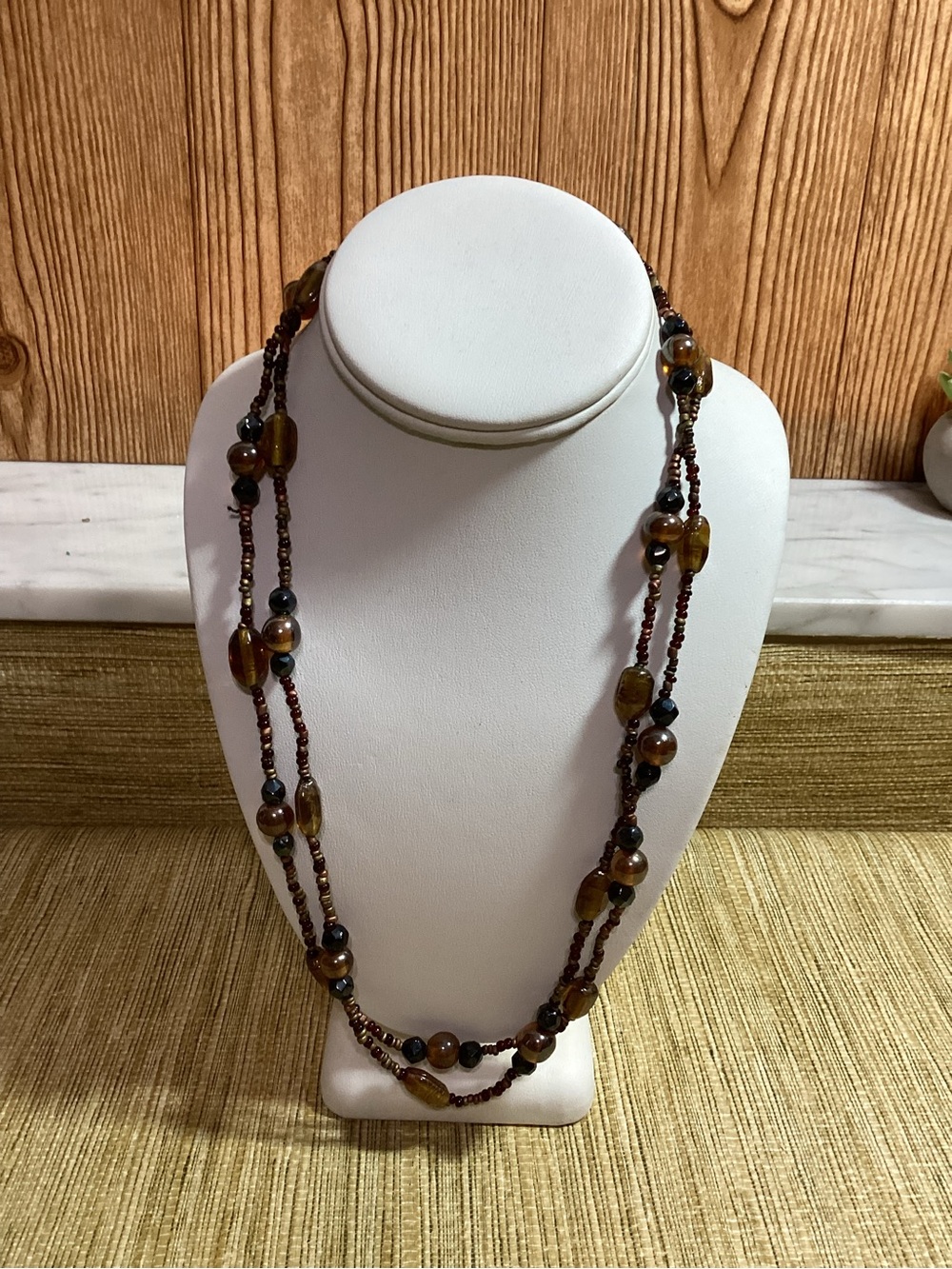 Brown Bead Long Layered Necklace
